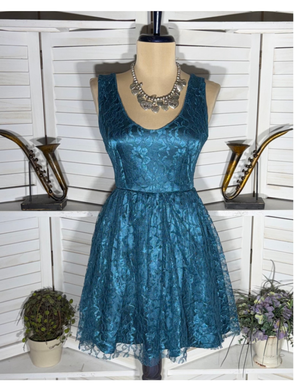 Vintage Y2K teal blue shear mesh dress open back fit flare fairy homecoming sz S